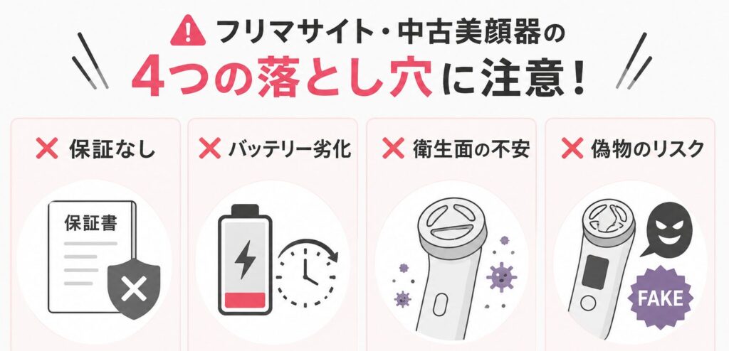 フリマサイトや中古のメディキューブ美顔器を購入する際の4つのリスク（落とし穴）を説明した図解画像。「保証なし」「バッテリー劣化」「衛生面の不安」「偽物のリスク」についてイラスト付きで注意喚起している。