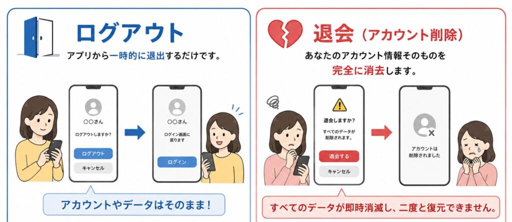 AGE-Rアプリにおけるログアウト（一時的退出・データ保持）と退会（アカウント削除・データ完全消去）の違いを比較した解説イラスト