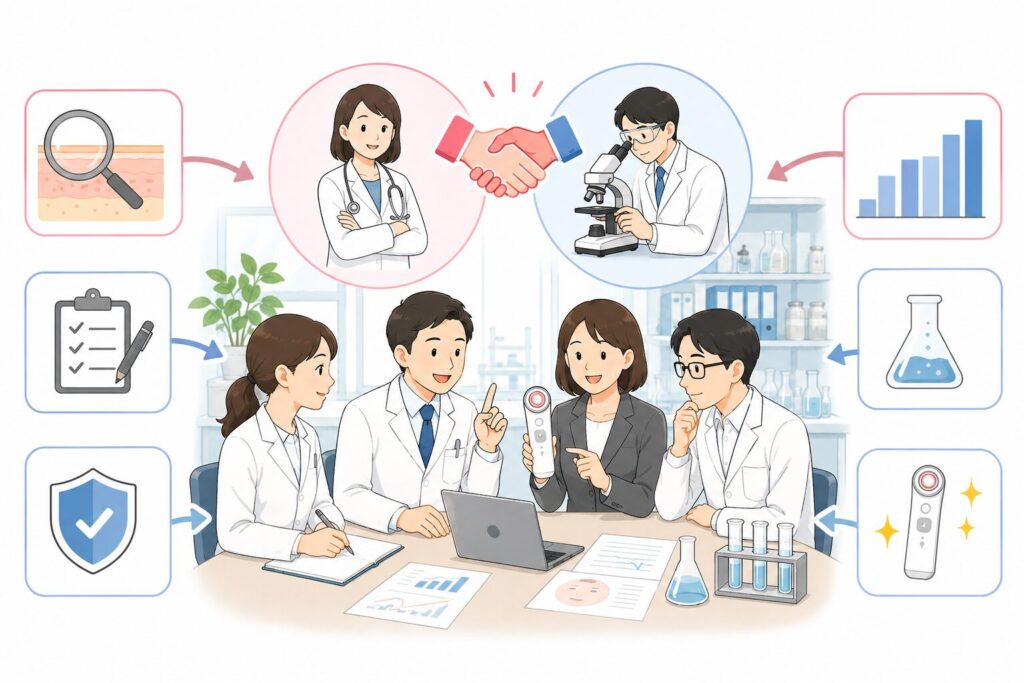 皮膚科医や研究者と超密接に連携して商品開発を行っている図