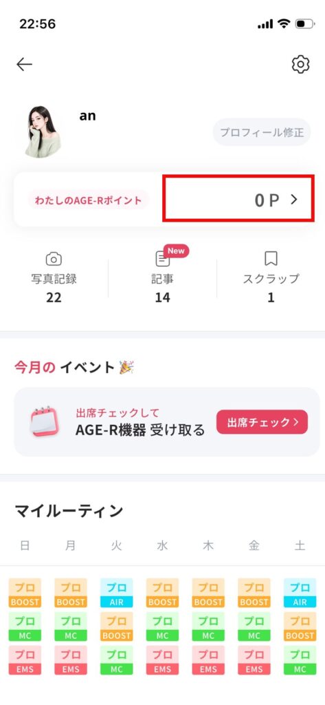 現在獲得しているポイントを確認できる画面の画像。