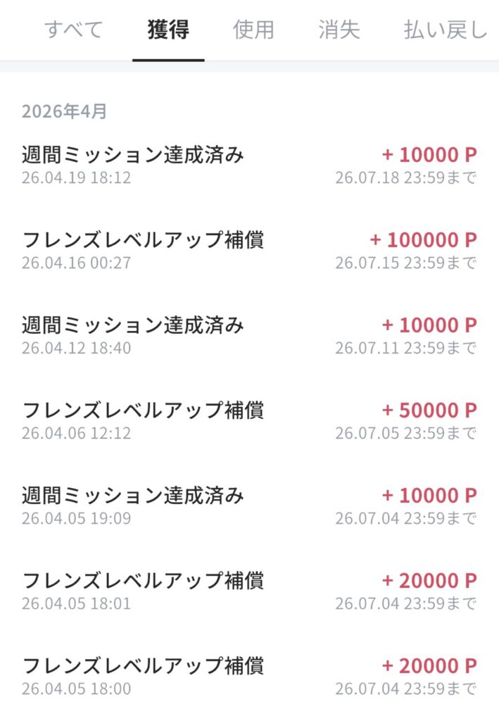 AGE-Rアプリのポイント獲得履歴。週間ミッションやフレンズレベルアップ補償で10,000P〜100,000Pが付与されている様子