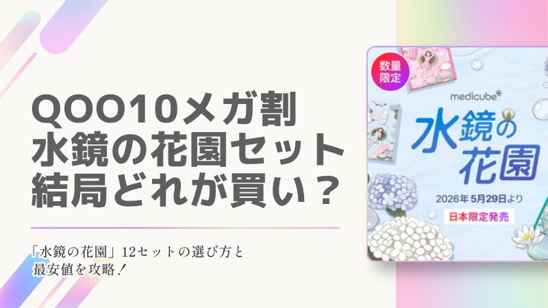 メディキューブQoo10メガ割攻略記事のアイキャッチ画像。「QOO10メガ割 水鏡の花園セット結局どれが買い？」の文字と、2026年5月29日日本限定発売の数量限定「水鏡の花園」公式パッケージビジュアル。