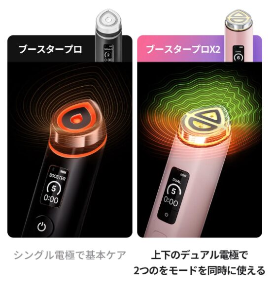 メディキューブの美顔器「ブースタープロ」と「ブースタープロX2」のヘッドの形状と機能の違いを比較した画像。左の通常版はシングル電極で基本ケア、右のX2は上下のデュアル電極で2つのモードを同時に使えることを示している。