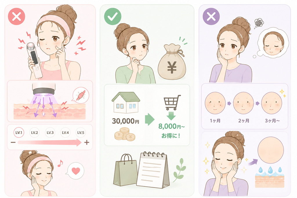 美顔器の失敗しない使い方と購入のコツを解説した3段組みイラスト。左:いきなり強いレベルで使わず段階的に出力を上げる注意、中央:定価よりセールやクーポンでお得に買う方法、右:効果が出るまで1〜3ヶ月以上じっくり継続することの大切さを解説。