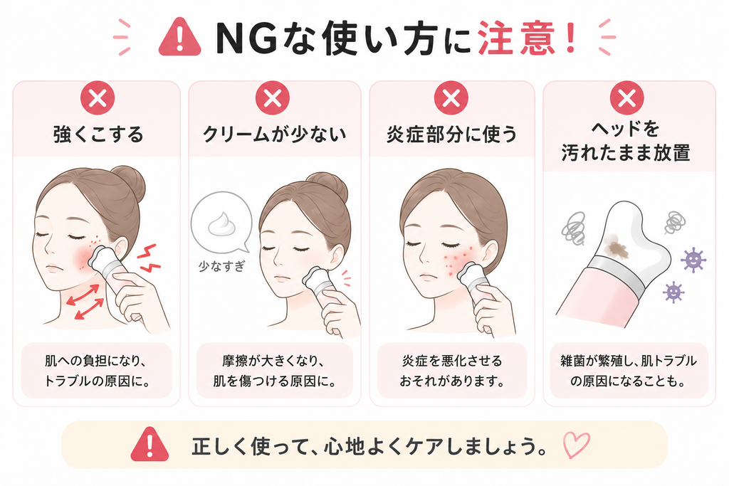 カッサクリーム使用時の4つのNG行為の解説図解。「強くこする」「クリームが少ない」「炎症部分に使う」「ヘッドを汚れたまま放置」の危険性と肌トラブルの原因を説明しているイラスト。